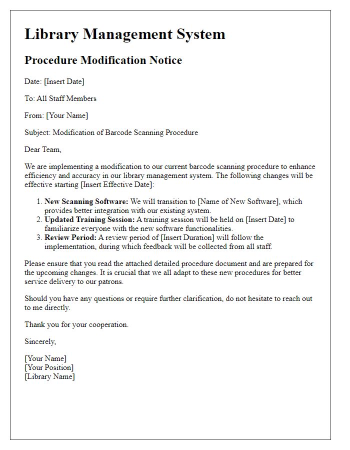 Letter template of library barcode scanning procedure modification