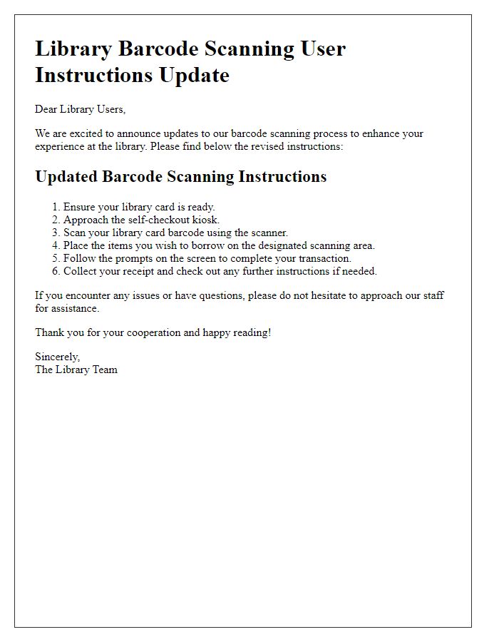 Letter template of library barcode scanning user instruction update