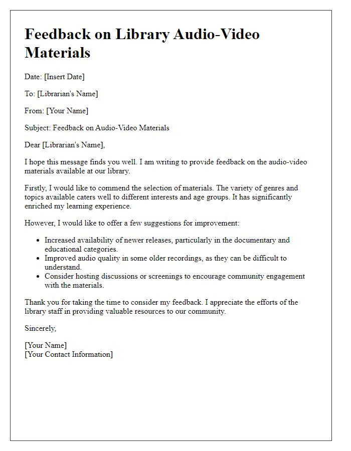 Letter template of feedback on library audio-video materials.