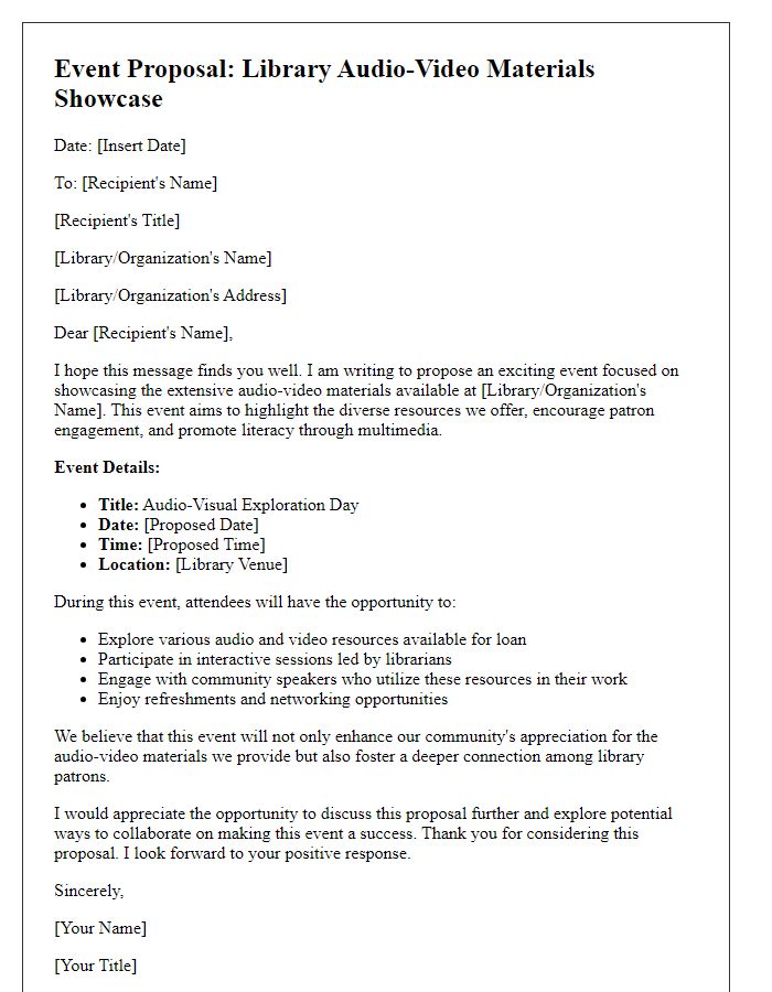 Letter template of proposal for an event featuring library audio-video materials.