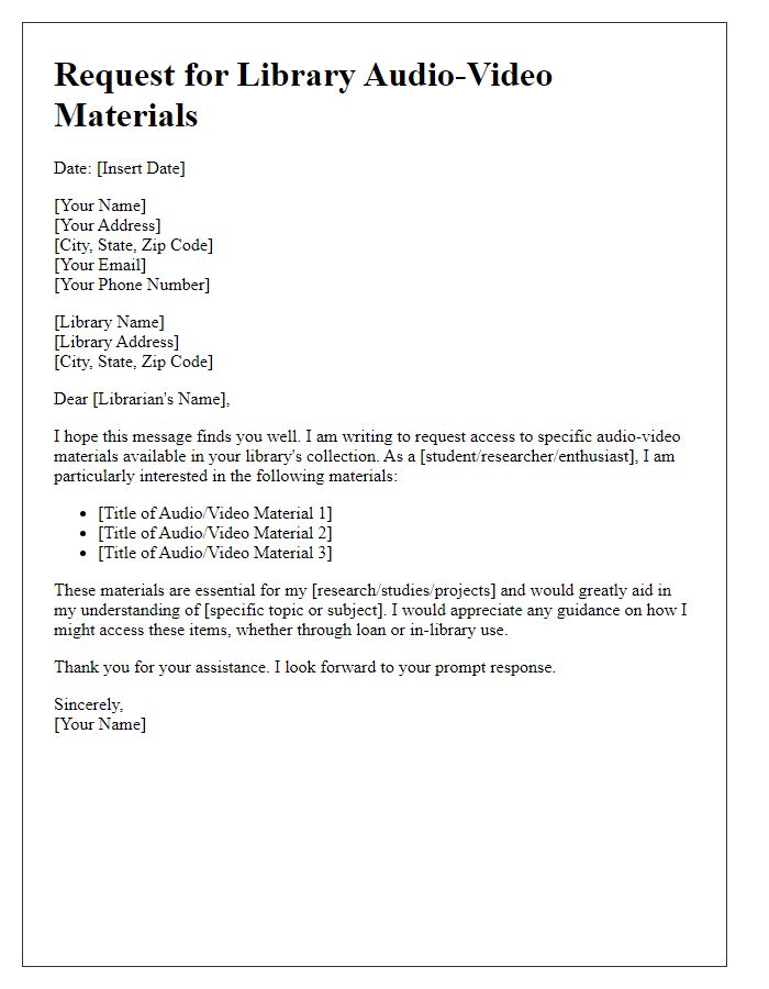 Letter template of request for library audio-video materials.