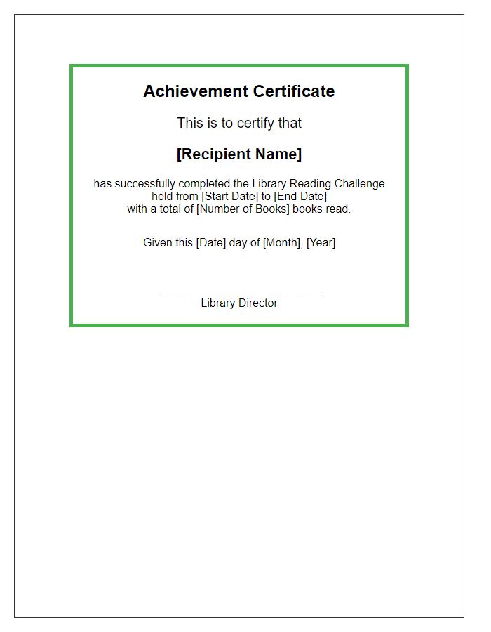 Letter template of achievement certificate for library reading challenges.