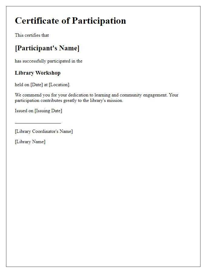 Letter template of certificate for library workshop participation.