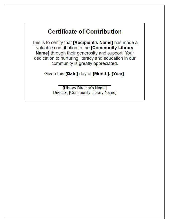 Letter template of community library contribution certificate.