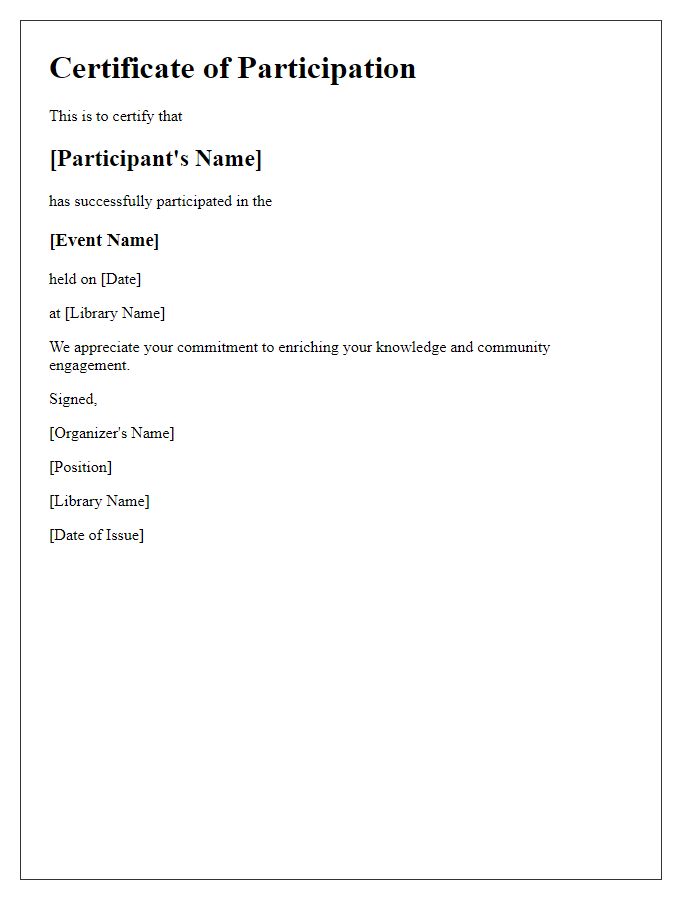 Letter template of participation certificate for library event.