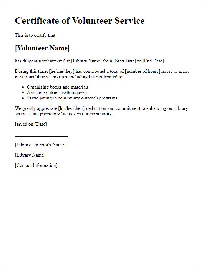 Letter template of volunteer service certificate for library.