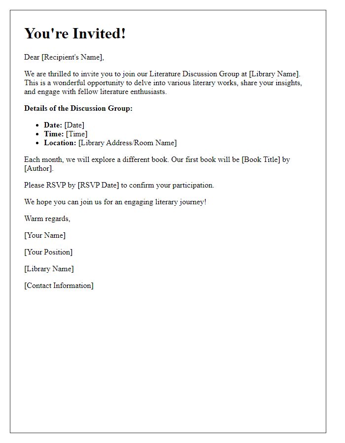 Letter template of invitation to join library literature discussion group