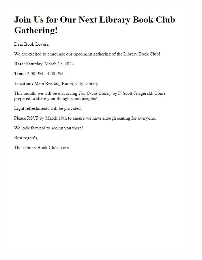 Letter template of library book club gathering announcement