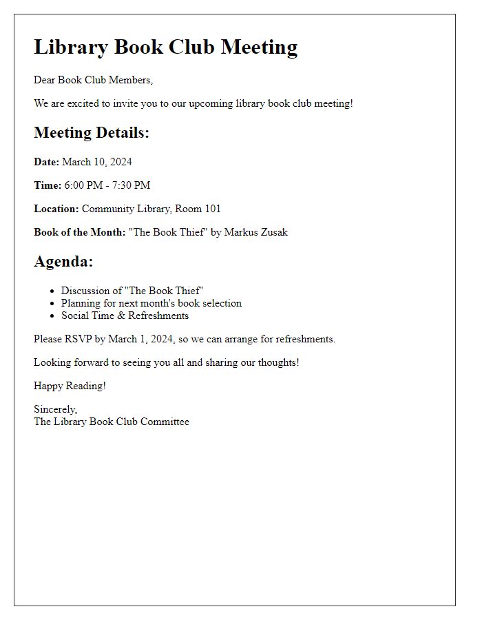 Letter template of library book club meeting details