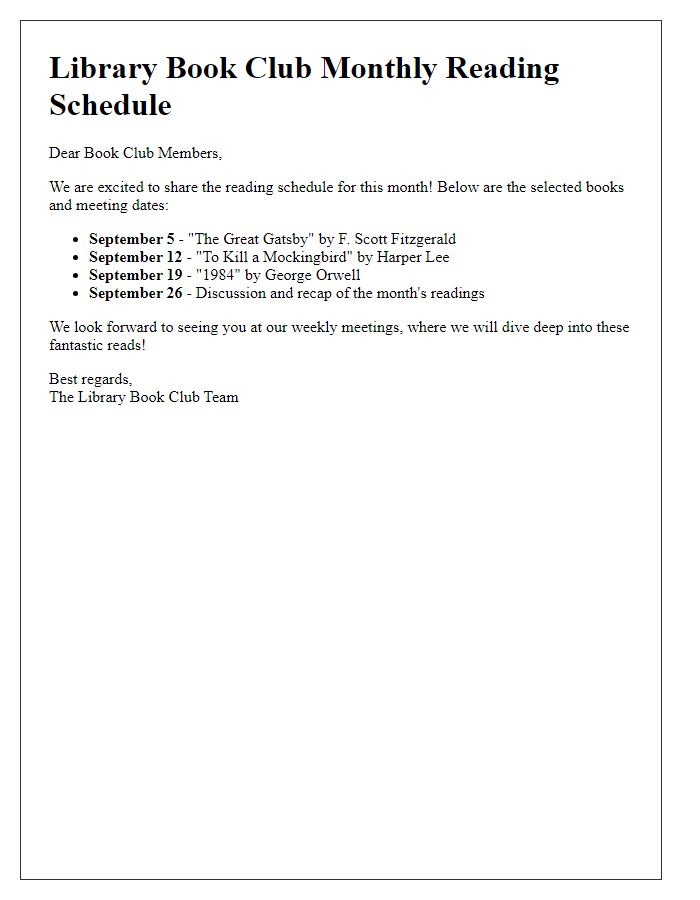 Letter template of library book club monthly reading schedule