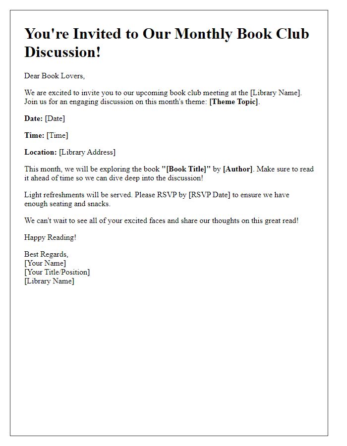 Letter template of library book club theme discussion invitation