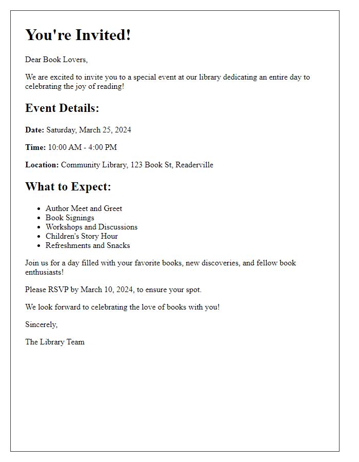 Letter template of special event invitation for library book lovers