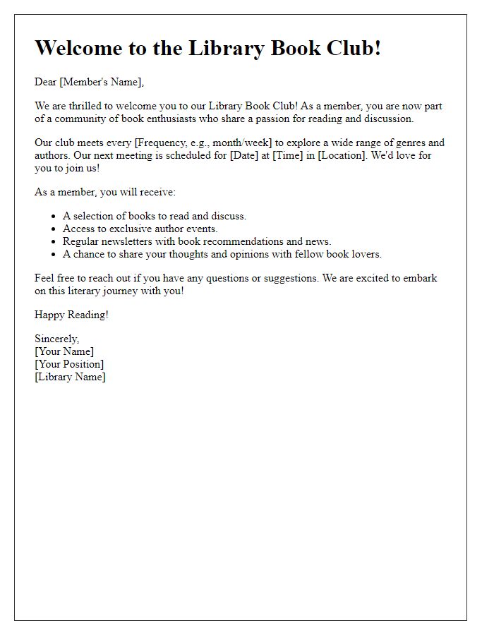 Letter template of welcome note for new library book club members