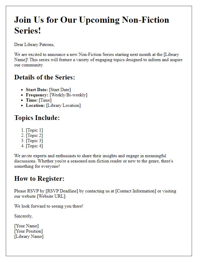 Letter template of announcement for upcoming library non-fiction series