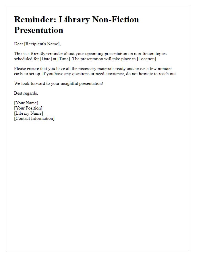 Letter template of reminder for library non-fiction presentation