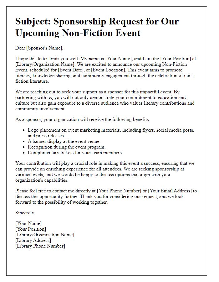 Letter template of sponsorship request for library non-fiction event