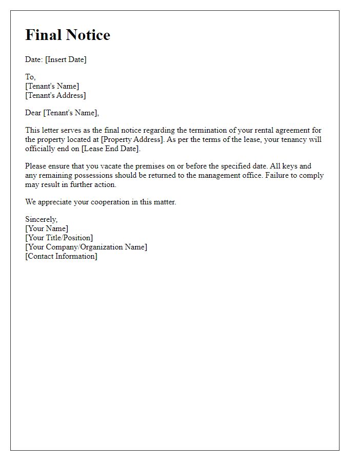 Letter template of final notice for rental agreement ending