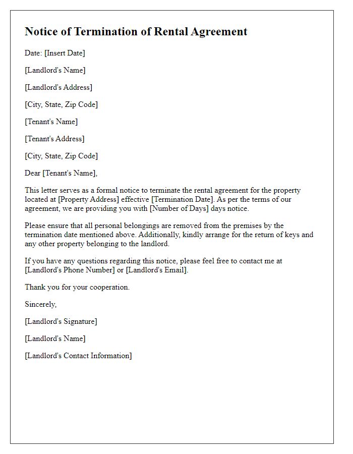 Letter template of notice for rental agreement termination