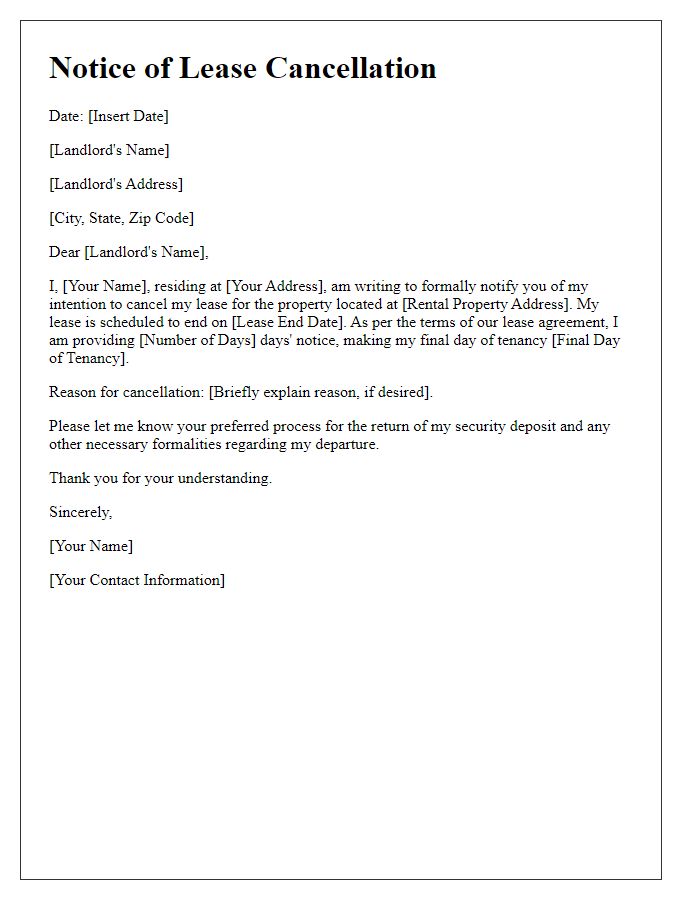 Letter template of tenant's notice for lease cancellation