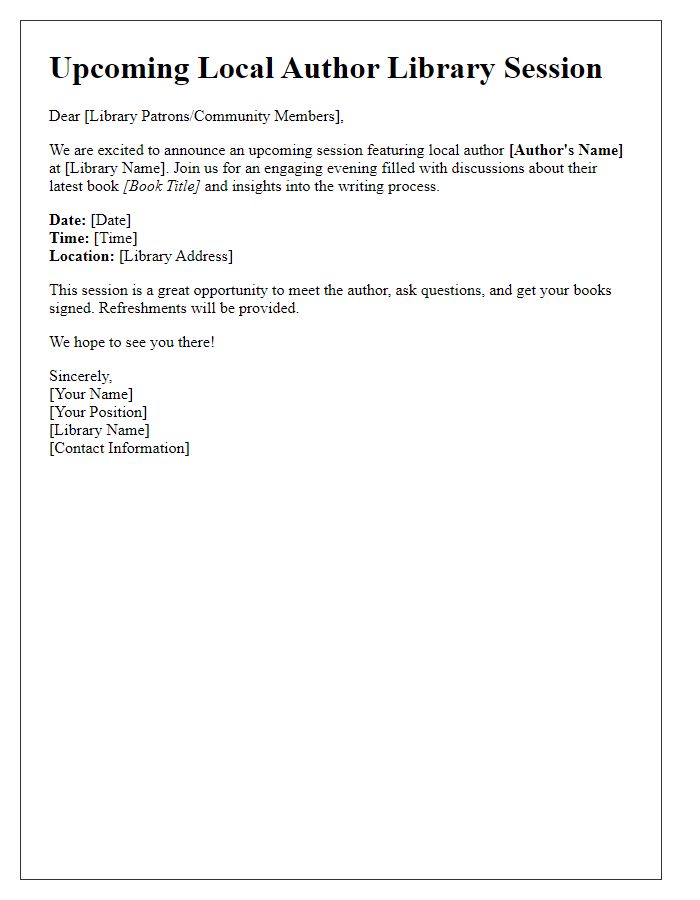 Letter template of announcement for upcoming local author library session