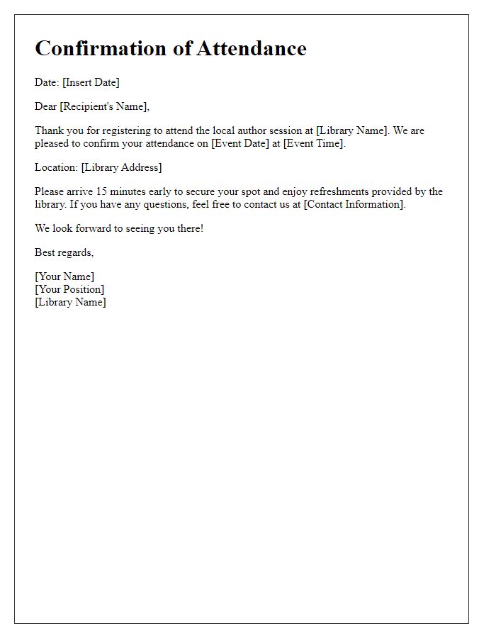 Letter template of confirmation for attendance at local author library session