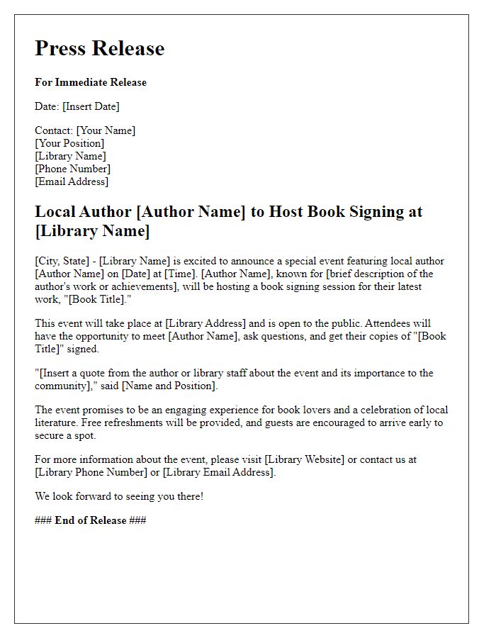 Letter template of press release for local author library session