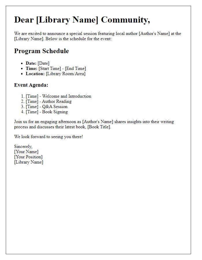 Letter template of program schedule for local author library session