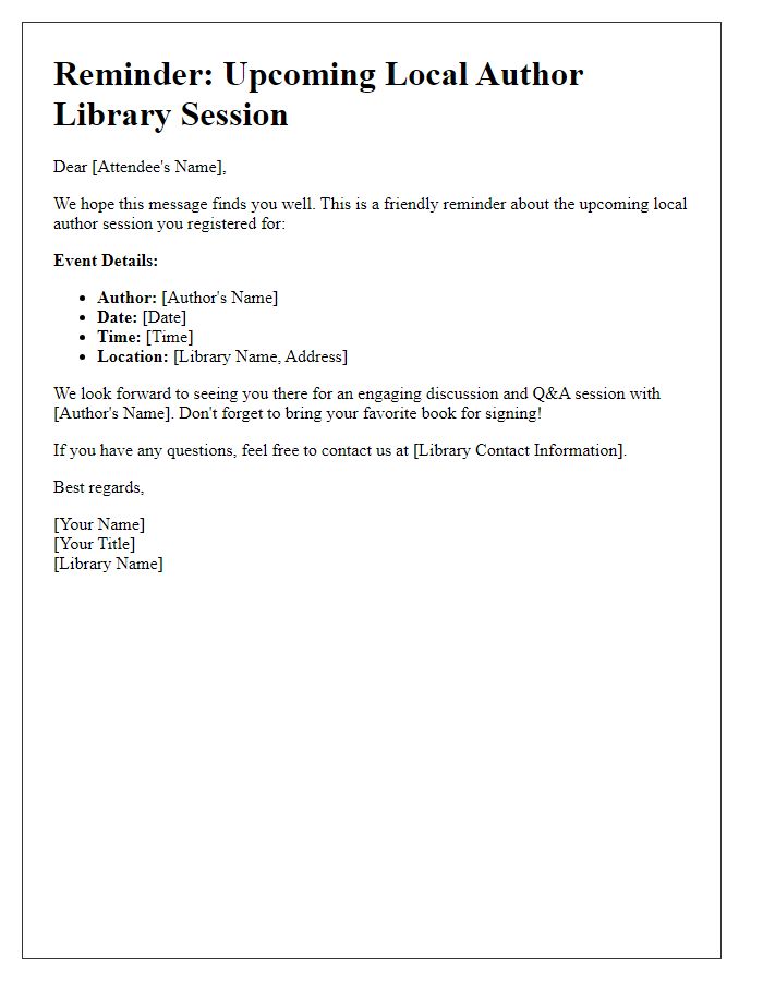 Letter template of reminder for local author library session attendees