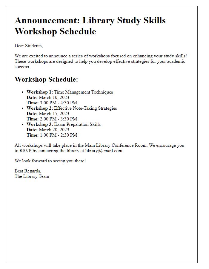 Letter template of announcement for library study skills workshop schedule