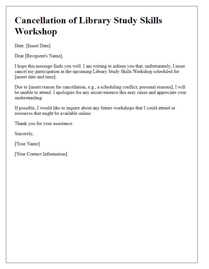 Letter template of cancellation for library study skills workshop