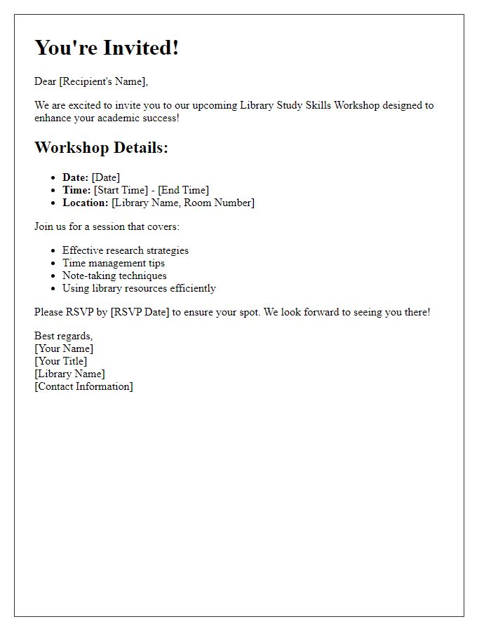 Letter template of invitation for library study skills workshop