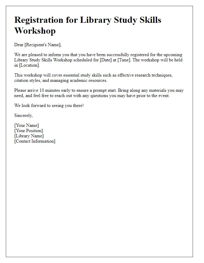 Letter template of registration for library study skills workshop