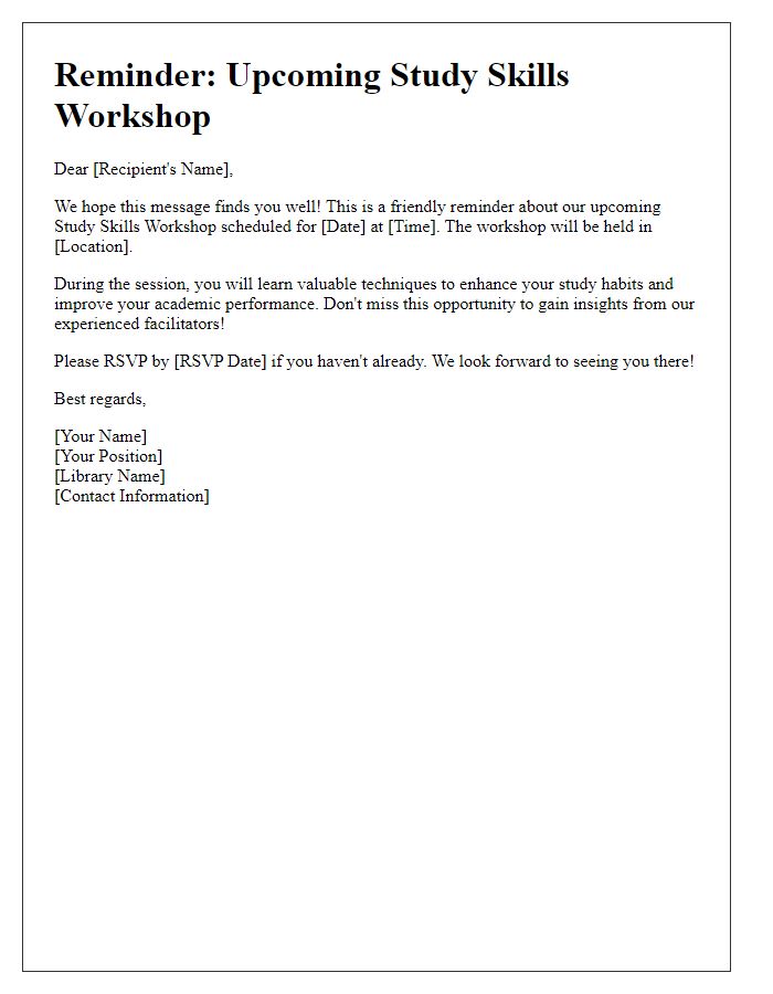 Letter template of reminder for upcoming library study skills workshop