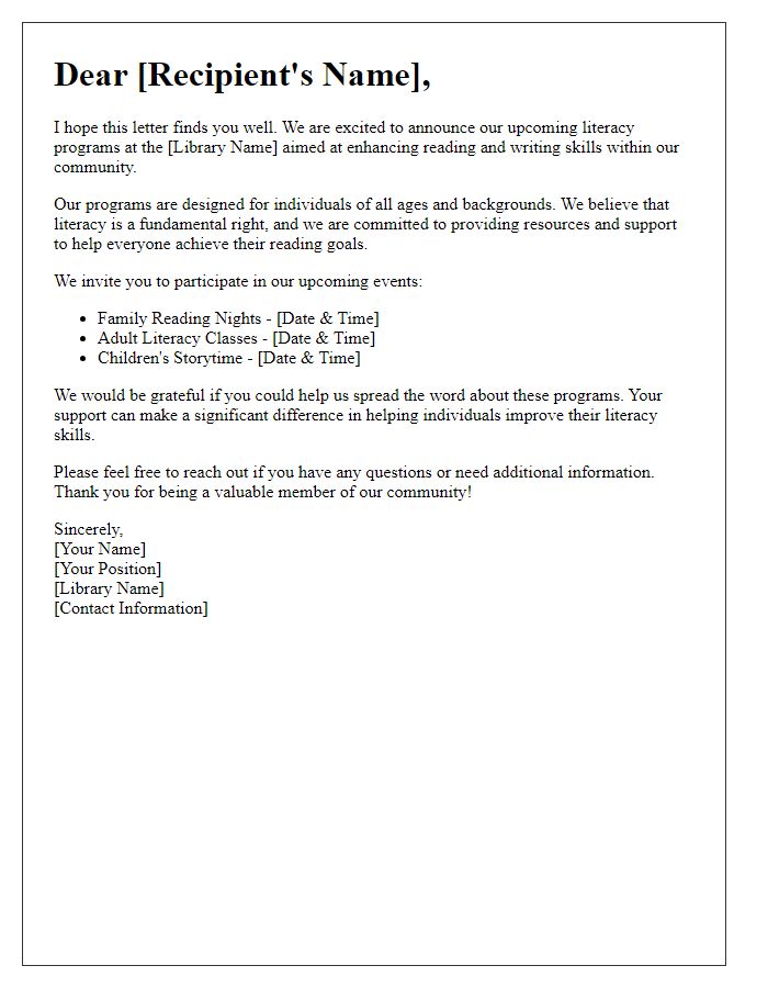 Letter template of public library outreach for literacy programs