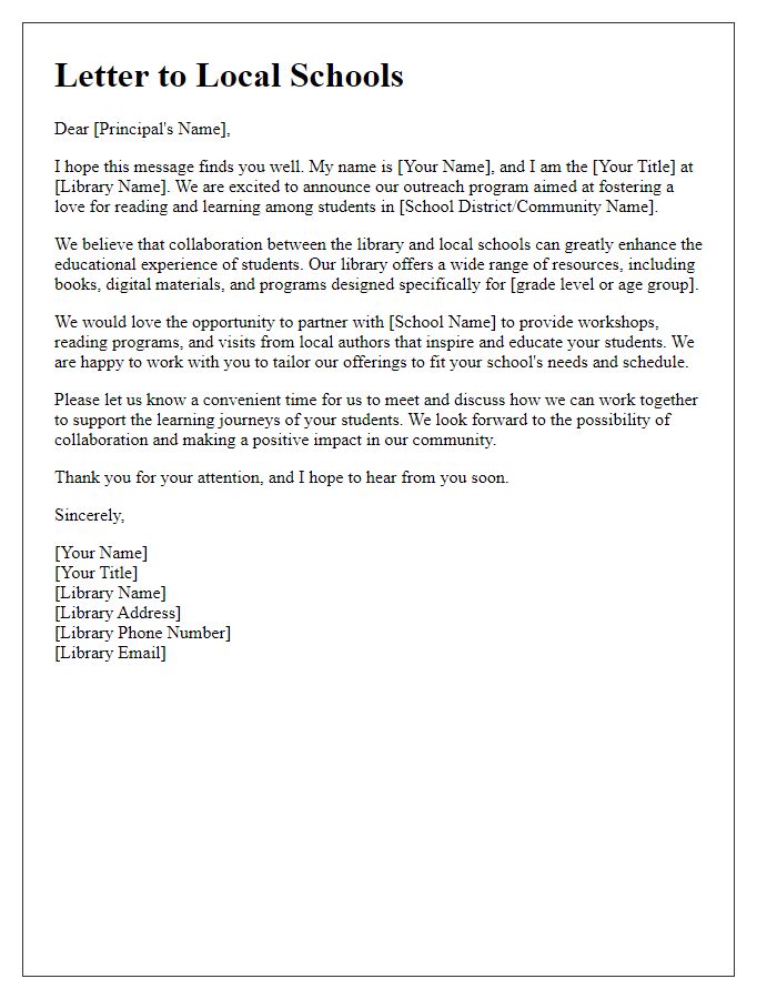 Letter template of public library outreach to local schools