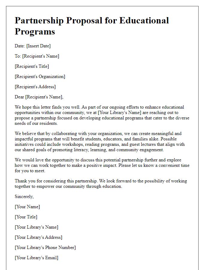 Letter template of public library partnership for educational programs