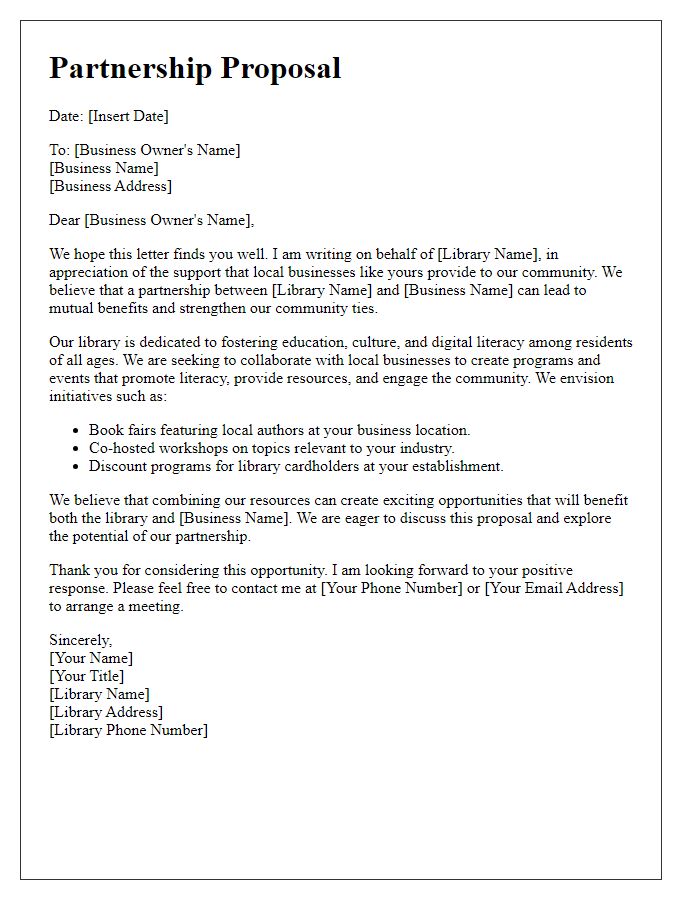 Letter template of public library partnership with local businesses