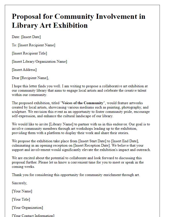 Letter template of library art exhibition proposal for community involvement