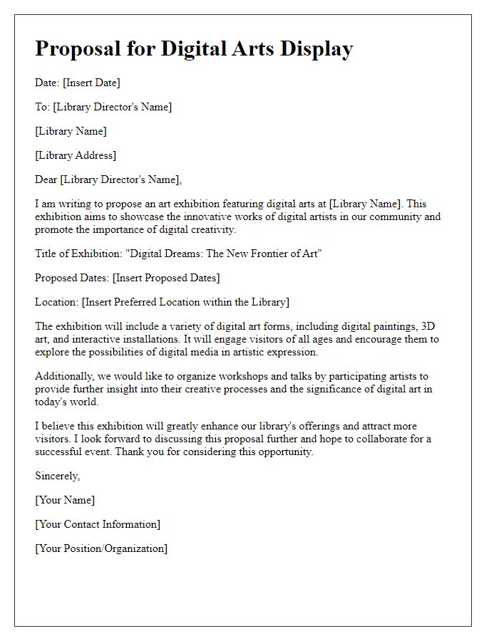 Letter template of library art exhibition proposal for digital arts display