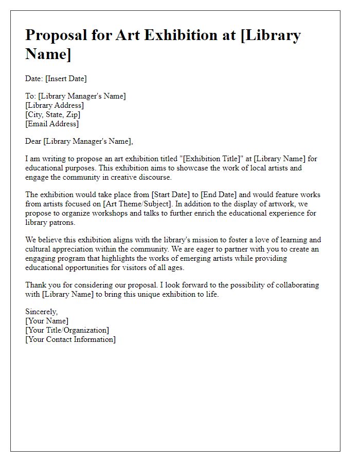 Letter template of library art exhibition proposal for educational purposes