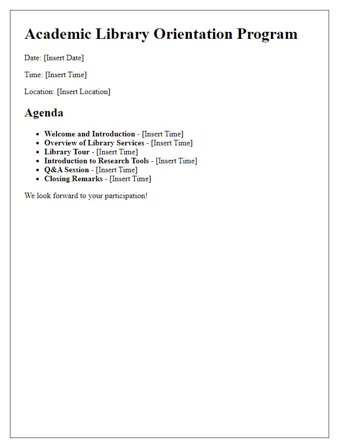 Letter template of agenda for academic library orientation program