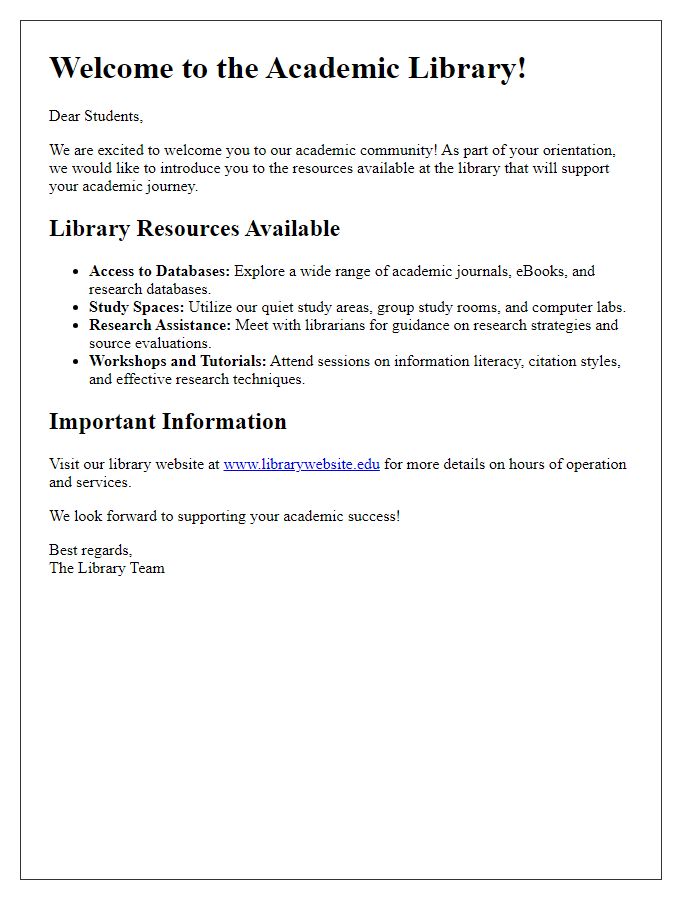 Letter template of introduction for academic library resources during orientation