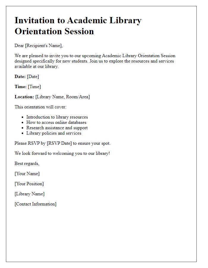 Letter template of invitation for academic library orientation session