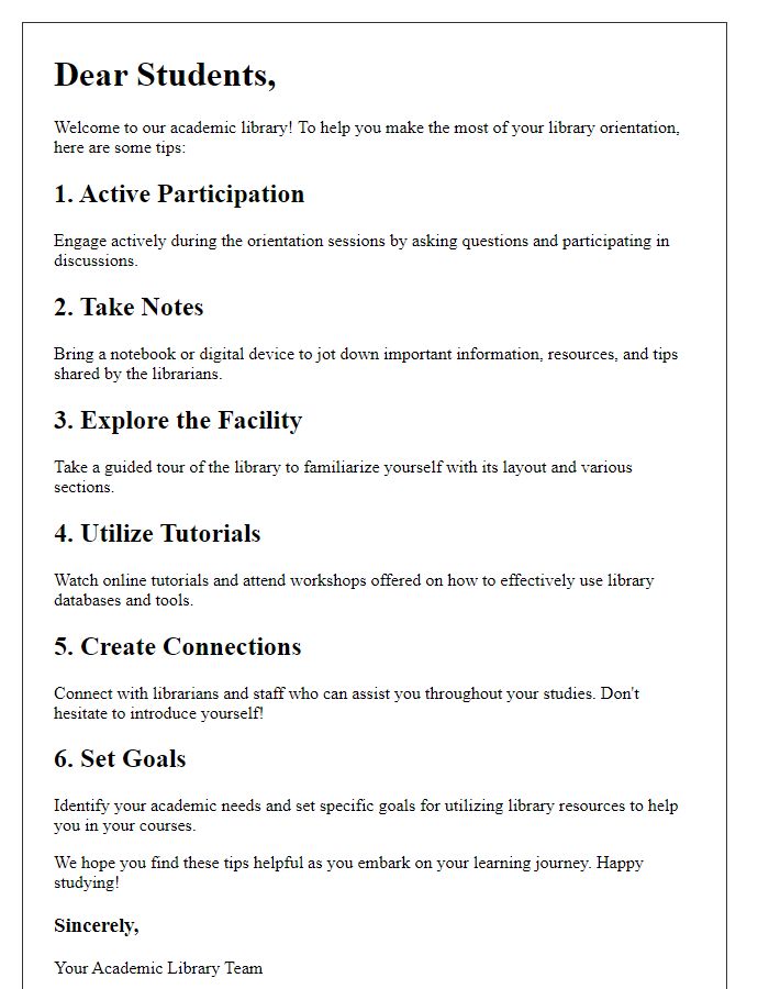 Letter template of tips for maximizing benefits from academic library orientation