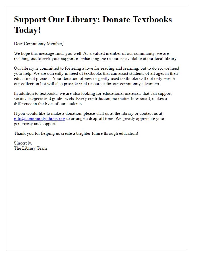 Letter template of library textbook donation appeal for community support.