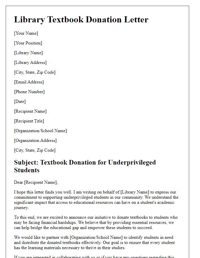 Letter template of library textbook donation letter for supporting underprivileged students.