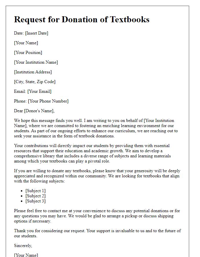 Letter template of library textbook donation solicitation for curriculum development.