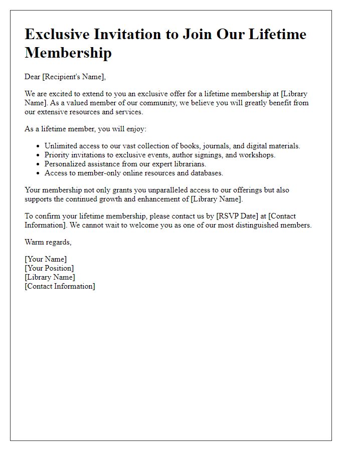 Letter template of exclusive library lifetime membership invitation