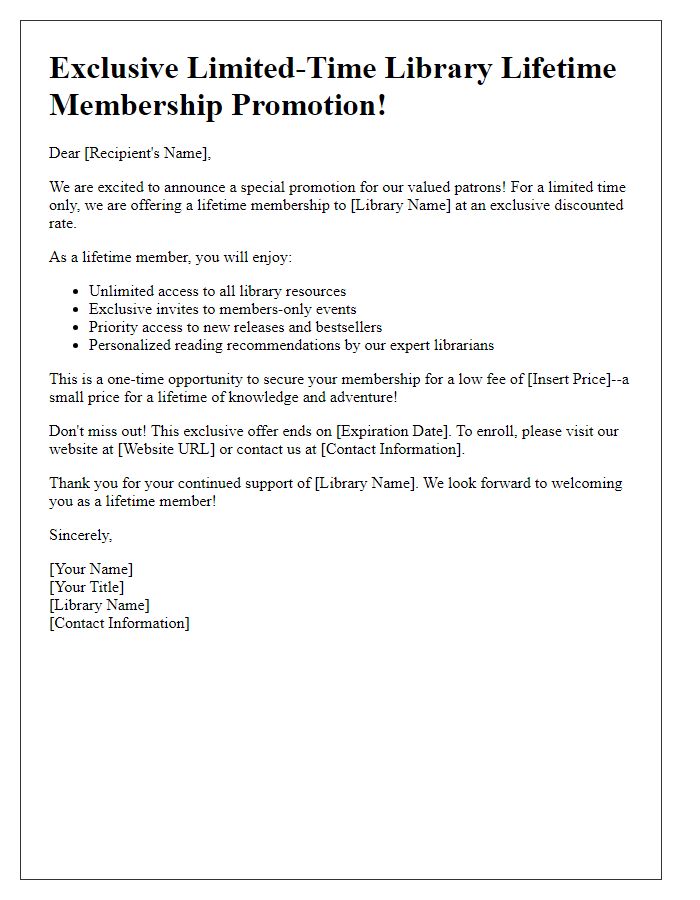 Letter template of limited-time library lifetime membership promotion