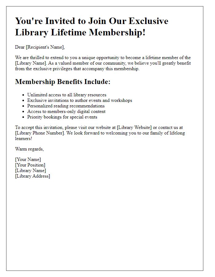 Letter template of personalized library lifetime membership invitation